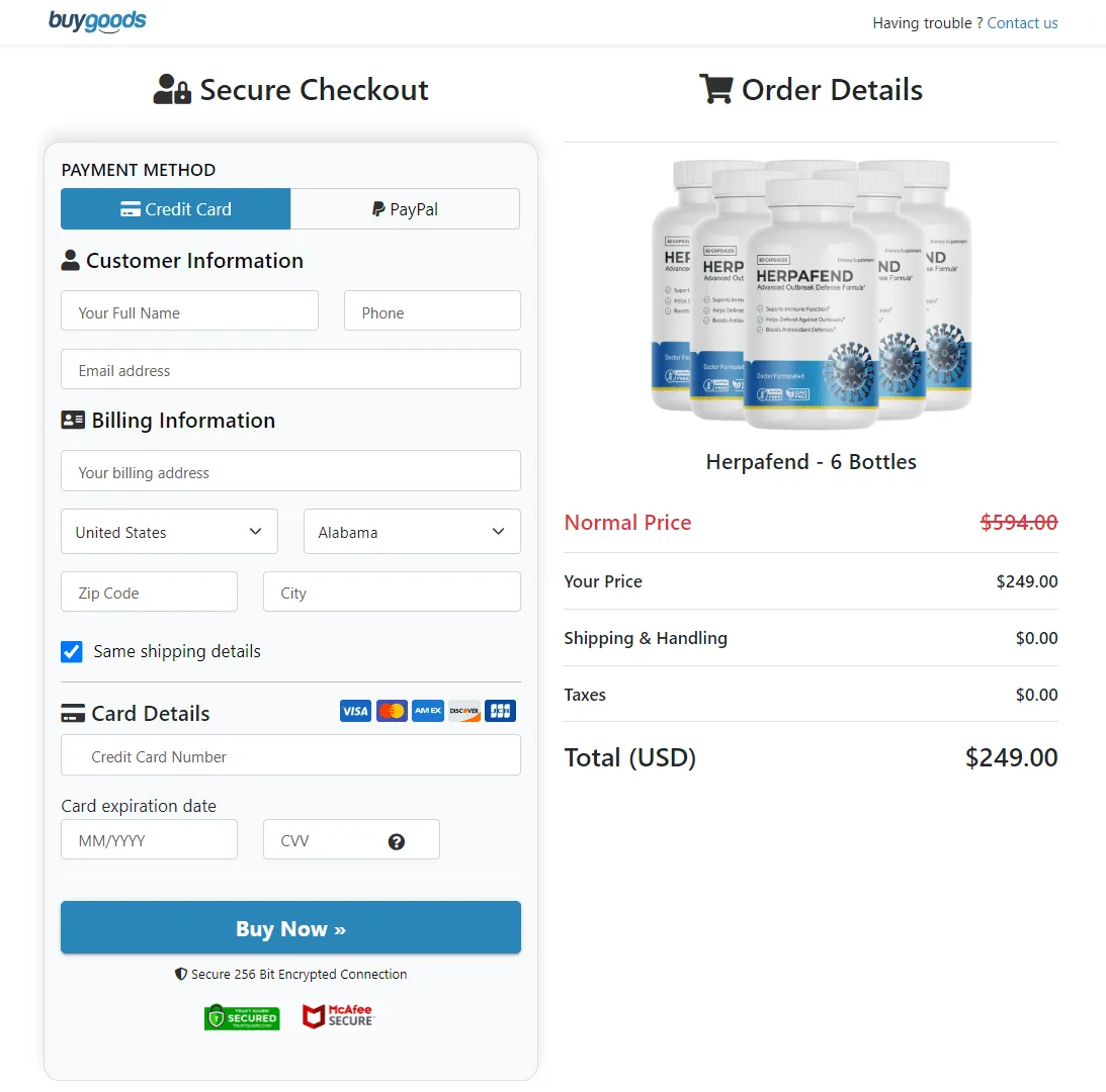 Herpafend™ checkout page